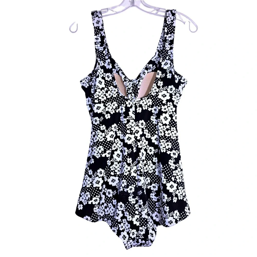 Maxine Of Hollywood Womens Vintage Black White Floral Ruched One Piece Swimsuit